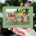 Merry and Bright 4 photos modern Christmas sage Holiday Card<br><div class="desc">Elegant simple minimal sage green and white 4 custom family photos "Merry and Bright together" script (overlay text template) holiday card template.                       Easy to personalise with your pictures,  text,  family name,  and your wishes on both sides!</div>