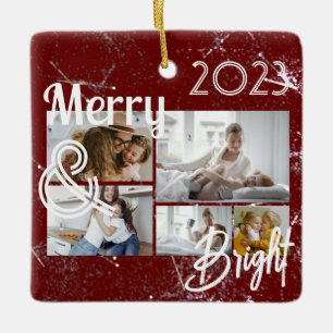 Merry and Bright 5 Photos Typography Holiday Ceramic Ornament