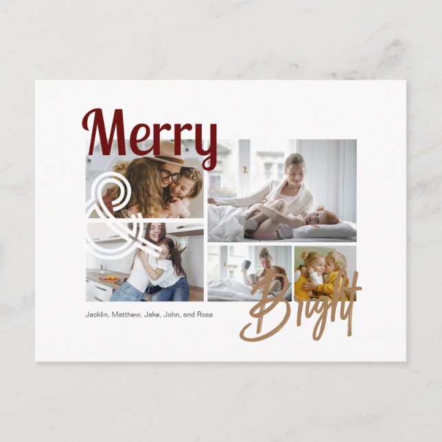 Merry and Bright 5 Photos Typography Holiday Postcard (Front)