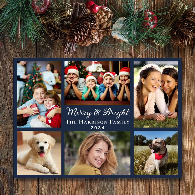 Merry And Bright 6 Photo Collage Blue Christmas Holiday Card (This holiday season, let the magic of your cherished moments unfold with our 6 photo Christmas card)