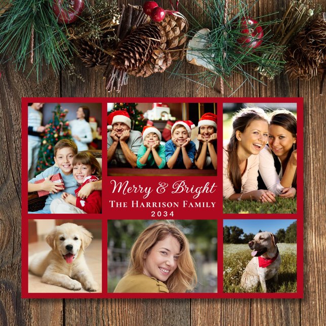 Merry And Bright 6 Photo Collage Red Christmas Holiday Card (Creator Uploaded)