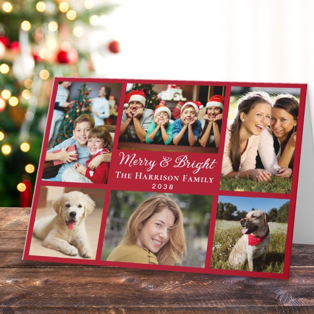 Merry And Bright 6 Photo Collage Red Christmas Holiday Card (This holiday season, let the magic of your cherished moments unfold with our 6 photo Christmas card)