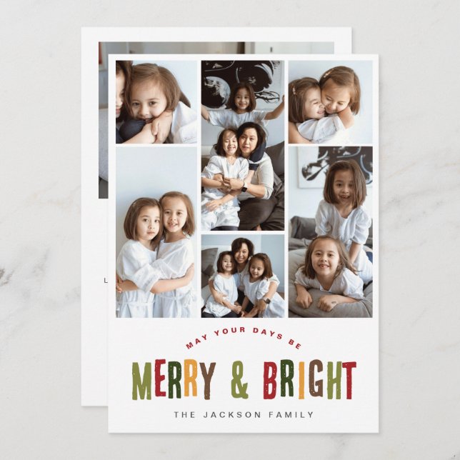 Merry and Bright 6 Photos Colourful Fun Christmas Holiday Card (Front/Back)