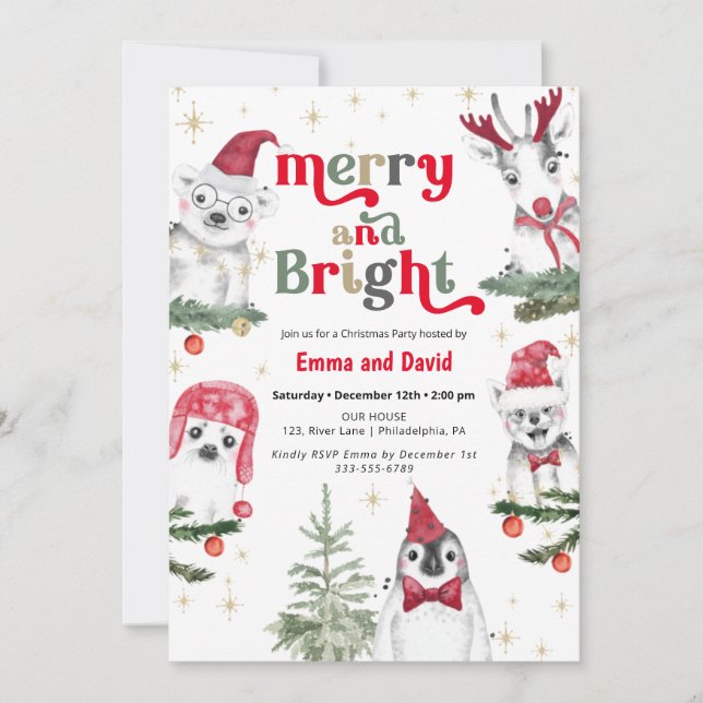 Merry and Bright Animals Christmas Party Invitation (Front)