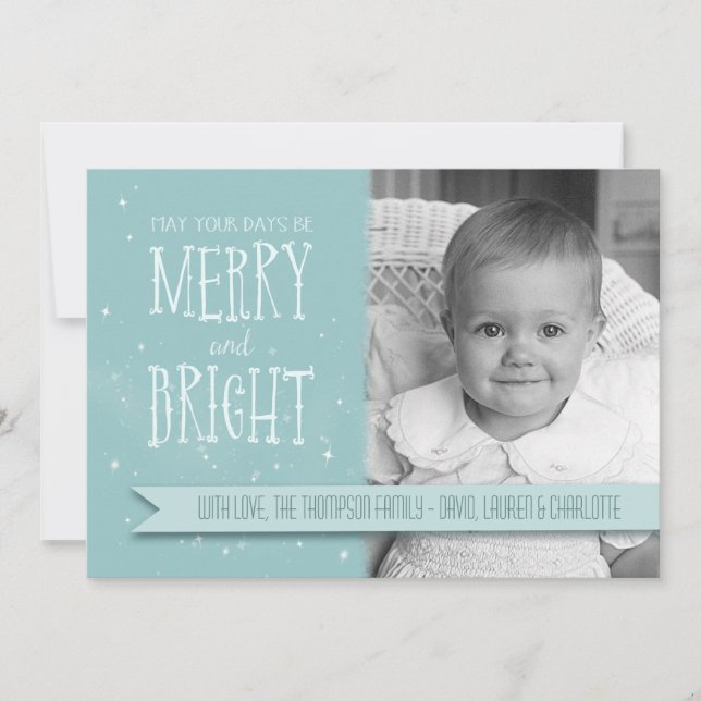 Merry and Bright Aqua Personalised Holiday Card (Front)