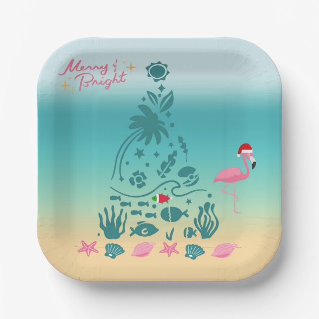 Merry And Bright Beach Christmas Paper Plate (Front)