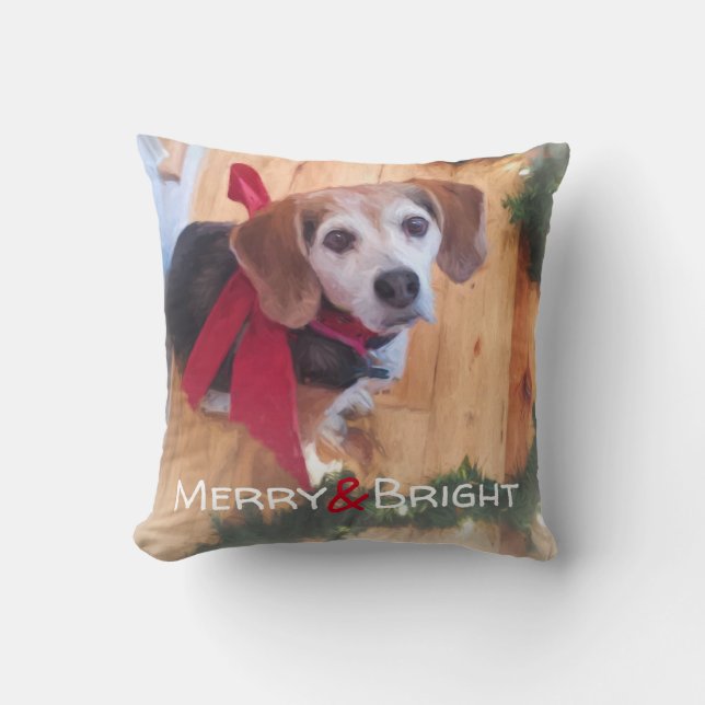Merry and Bright Beagle Dog Red Bow Christmas Cushion (Front)