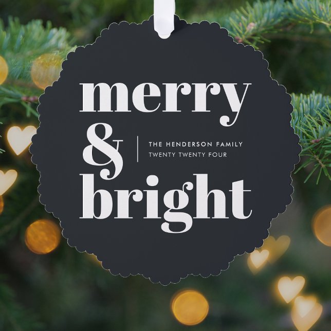 Merry and Bright Black and White Trendy Christmas Tree Decoration Card (Creator Uploaded)