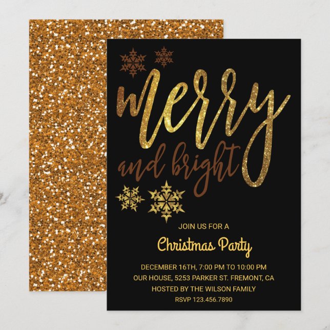 Merry and Bright | Black Gold Christmas Party Invitation (Front/Back)
