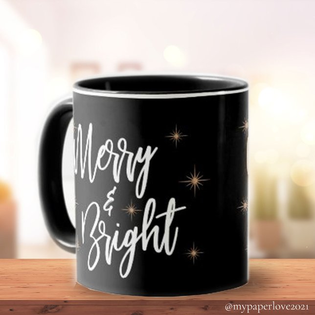 Merry and Bright Black Gold Star Elegant Christmas Mug (Creator Uploaded)