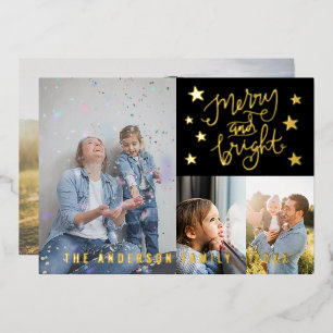Merry and Bright Black Personalised Photo Gold Foil Holiday Card