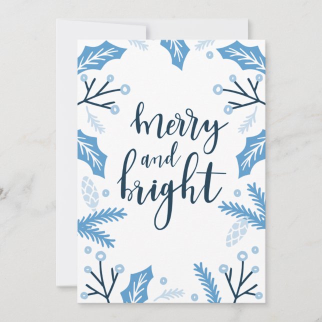 Merry and Bright Blue Holly Christmas Holiday Card (Front)