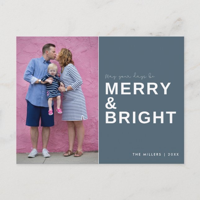 Merry and Bright Blue Photo Holiday Postcard (Front)