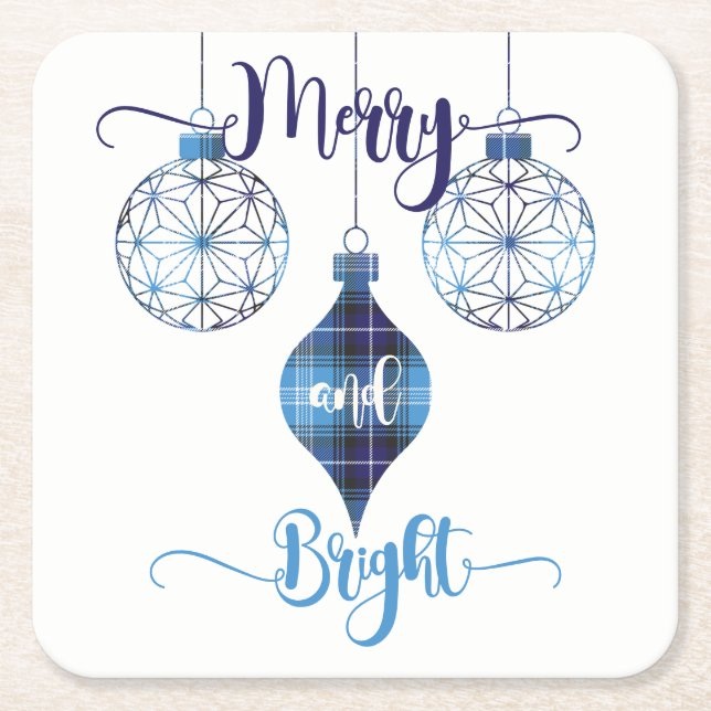 Merry and Bright Blue Plaid Ornament Square Paper Coaster (Front)