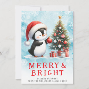Merry and Bright Blue Red Custom Christmas Penguin Holiday Card
