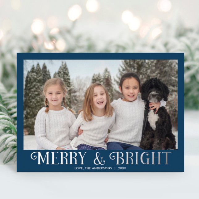 Merry and Bright blue silver modern one photo Foil Holiday Card (Creator Uploaded)