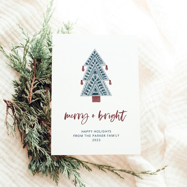 Merry and Bright | Boho Christmas Tree No Photo Holiday Card (A simple and boho holiday card with a trendy Christmas tree and casual terracotta script)