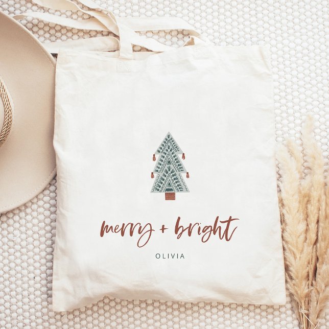 Merry and Bright | Boho Christmas Tree Tote Bag (This trendy Christmas tree adds a boho look to this holiday tote)