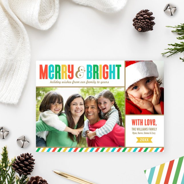 Merry and Bright Bold Colours and Stripes Photo Holiday Card (Creator Uploaded)