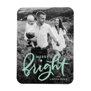 Merry and Bright Bold Mint Script Holiday Photo Magnet
