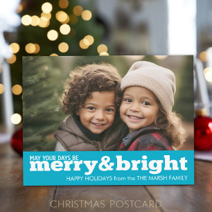 Merry and Bright Bold Modern Photo - blue Holiday Postcard