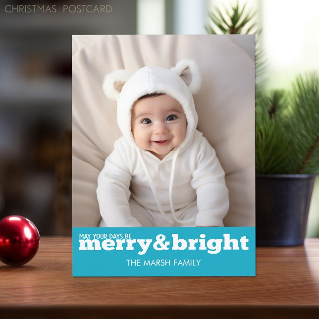 Merry and Bright Bold Modern Photo - Blue White Holiday Postcard (Christmas Postcard with 1 Large Photo)