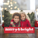 Merry and Bright Bold Modern Photo - red white Holiday Postcard<br><div class="desc">May your days be merry & bright. One Horizontal full picture is included on the front. A simple and stylish holiday design that highlights your photos. If you have any problems with your pictures or text, click on the customise button and you will be able to move things around and...</div>