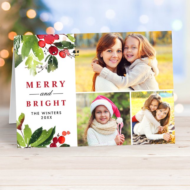 Merry and Bright Botanical Photo Collage Holiday Card (Creator Uploaded)