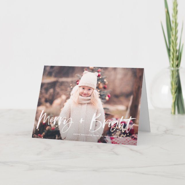 Merry and Bright Brush Lettering Photo Christmas Holiday Card (Front)