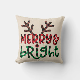 Merry and Bright Buffalo Plaid Christmas Throw Cushion