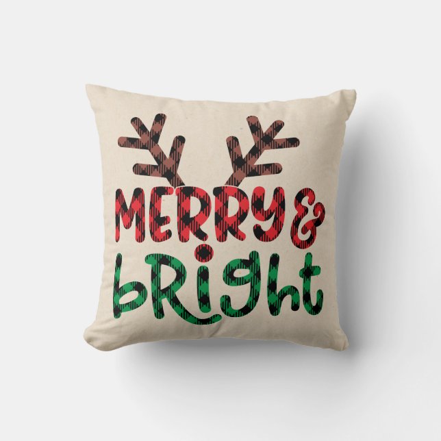 Merry and Bright Buffalo Plaid Christmas Throw Cushion (Front)