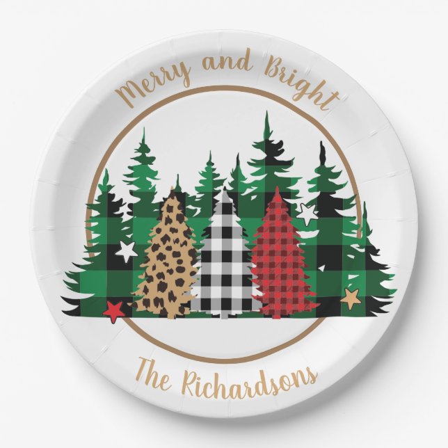 Merry and Bright Buffalo Plaid Leopard Print Tree Paper Plate (Front)