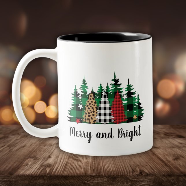 Merry and Bright Buffalo Plaid Leopard Print Tree Two-Tone Coffee Mug (Creator Uploaded)