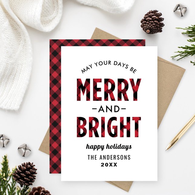 Merry and Bright Buffalo Plaid Quote Holiday Card (Creator Uploaded)