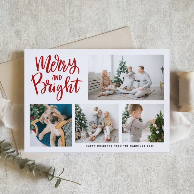 Merry and Bright Calligraphy Red Photo Collage Holiday Card (Creator Uploaded)