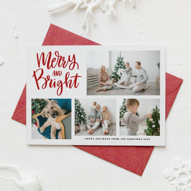 Merry and Bright Calligraphy Red Photo Collage Holiday Card (Creator Uploaded)