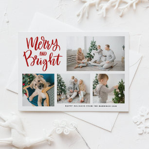 Merry and Bright Calligraphy Red Photo Collage Holiday Postcard