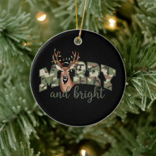 Merry And Bright Camo Deer Bow Outdoors Country Ceramic Ornament