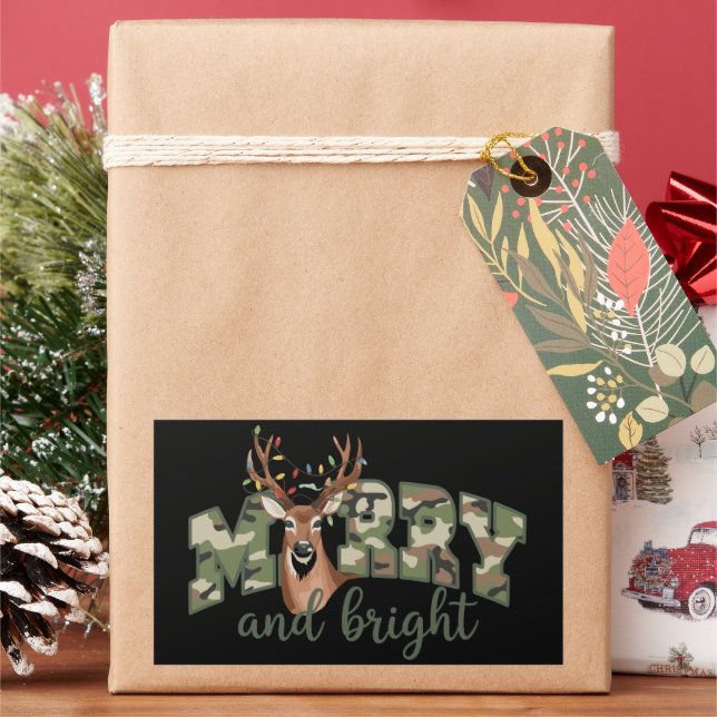 Merry And Bright Camo Deer Bow Outdoors Country  Rectangular Sticker (Holiday)