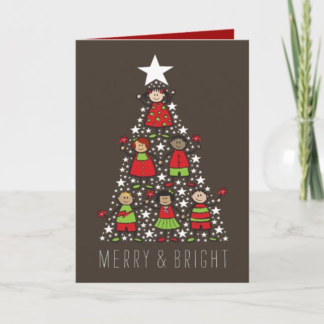 Merry And Bright Cartoon Christmas Tree Kids Fun Holiday Card (Front)