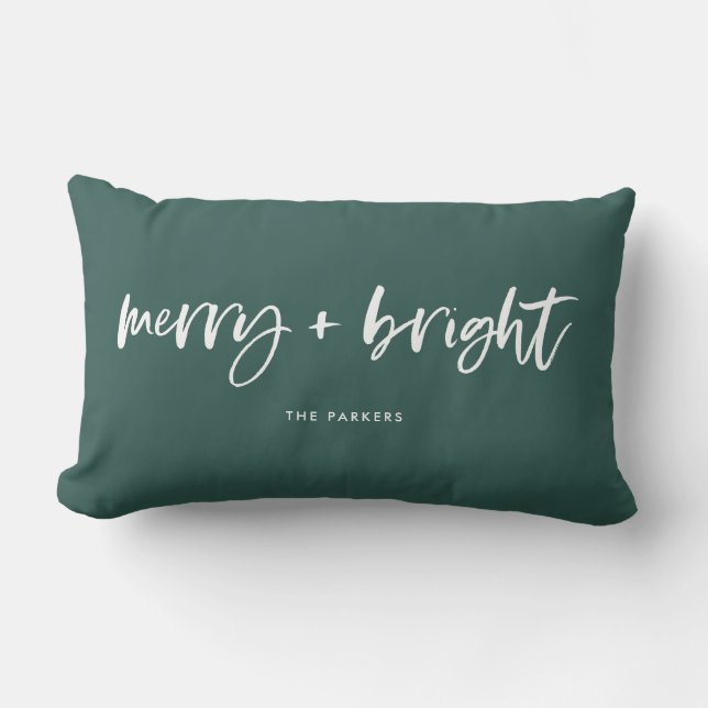 Merry and Bright | Casual Script Christmas Green Lumbar Cushion (Front)