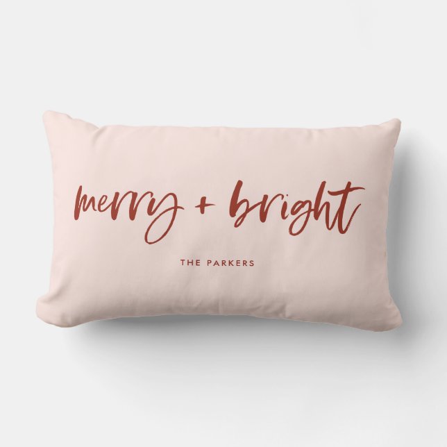Merry and Bright | Casual Script Pink and Red Lumbar Cushion (Front)