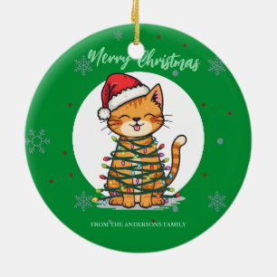 Merry and Bright cat Christmas kitten snow winter Ceramic Ornament