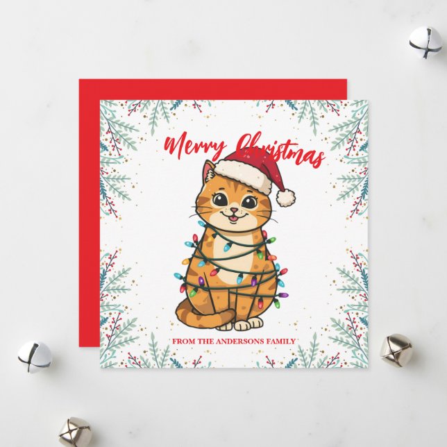 Merry and Bright cat Christmas kitten snow winter Holiday Card (Front/Back In Situ)