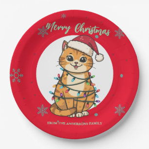 Merry and Bright cat Christmas kitten snow winter Paper Plate