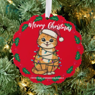 Merry and Bright cat Christmas kitten snow winter Tree Decoration Card