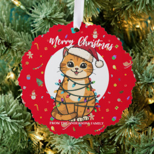 Merry and Bright cat Christmas kitten snow winter Tree Decoration Card