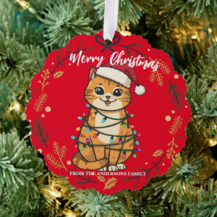 Merry and Bright cat Christmas kitten snow winter Tree Decoration Card