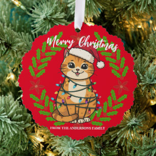 Merry and Bright cat Christmas kitten snow winter Tree Decoration Card