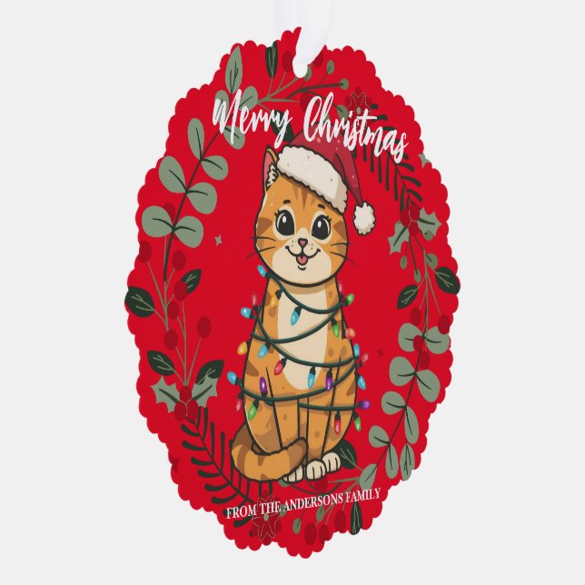 Merry and Bright cat Christmas kitten snow winter Tree Decoration Card (Right)